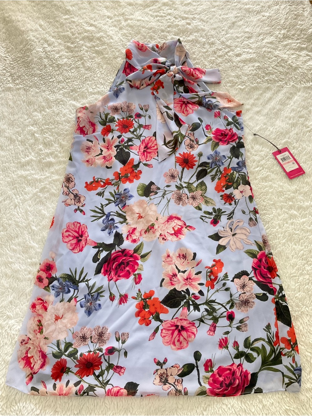 Vince Camuto Light Blue Floral Tie-Neck Dress